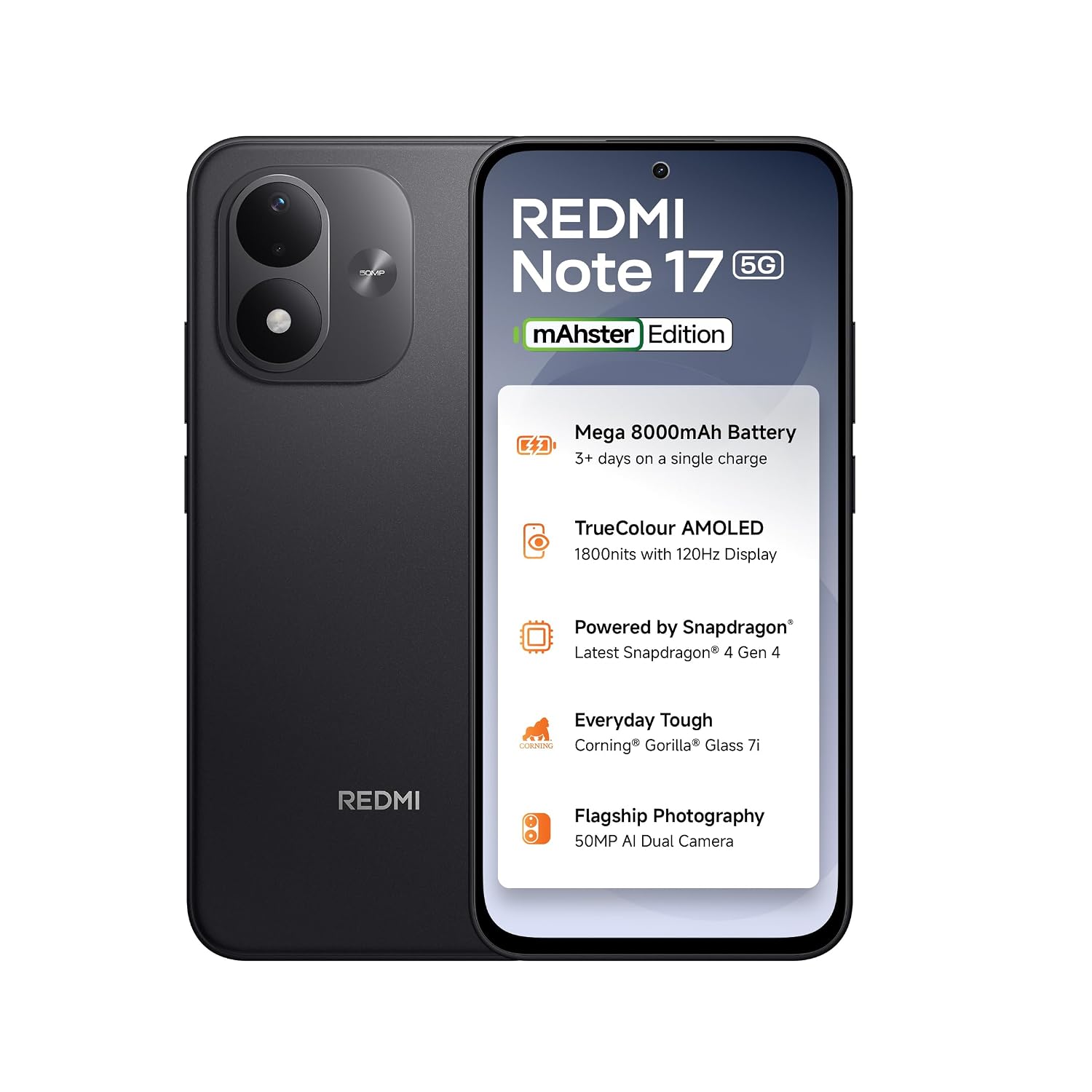 Redmi Note 17 5G (Dark Night, 8GB RAM, 128GB ROM) | 8000mAh Battery + 45W