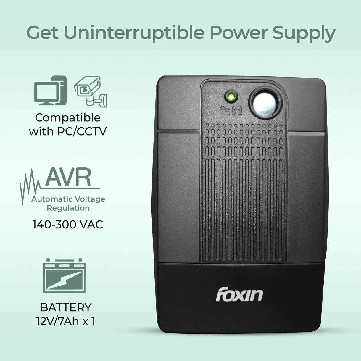 Foxin UPS 600VA/360W Uninterrupted Power Supply System for Desktop, Home Office, Computers | AVR, Auto Restart & Generator Compatibility | Ideal Power Backup & image 2